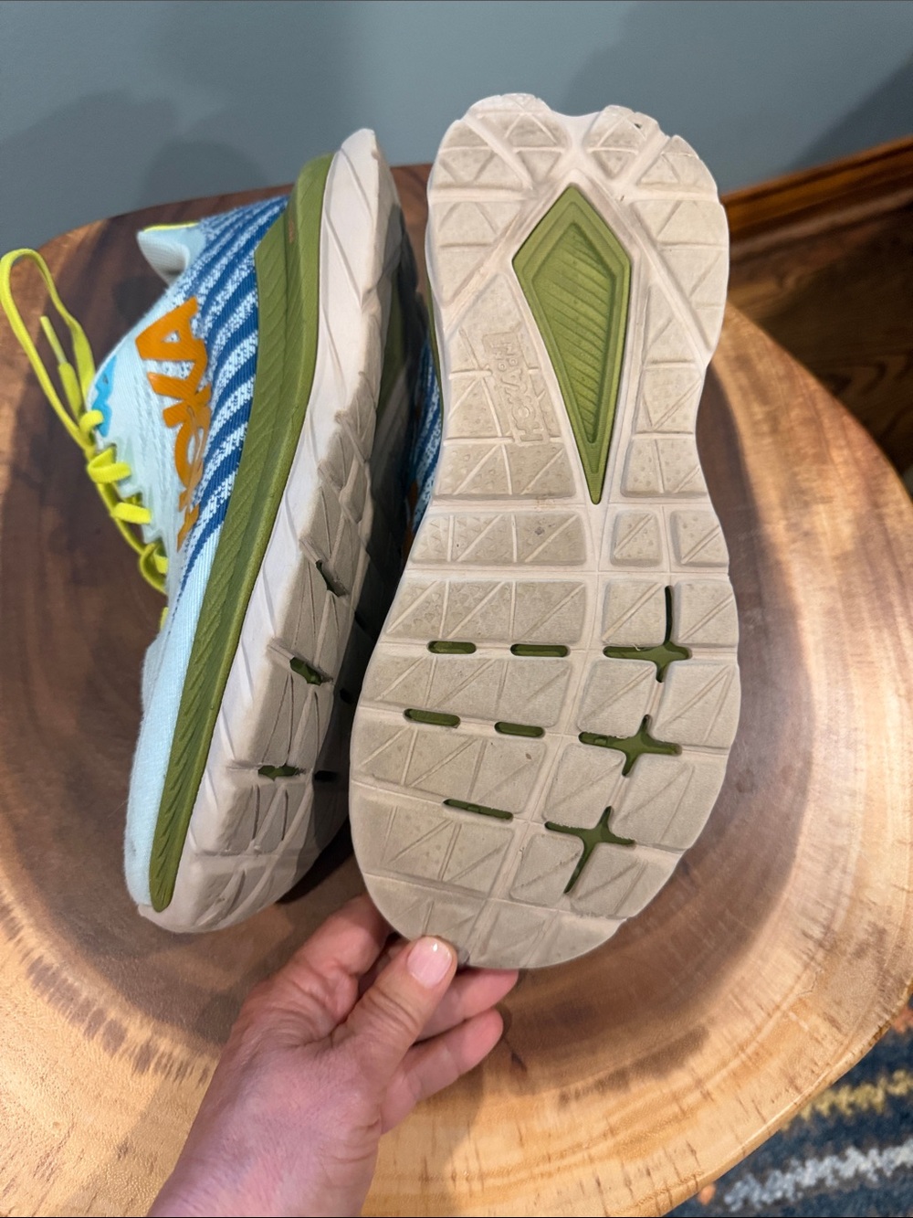 Hoka Light Blue Sneakers with Yellow Laces and Olive accents - Picture 5 of 5